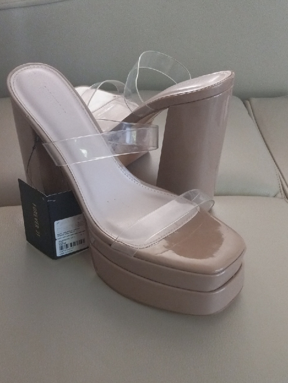 Forever 21 Nude Patent Platform Block Heel Sandals Size 8
